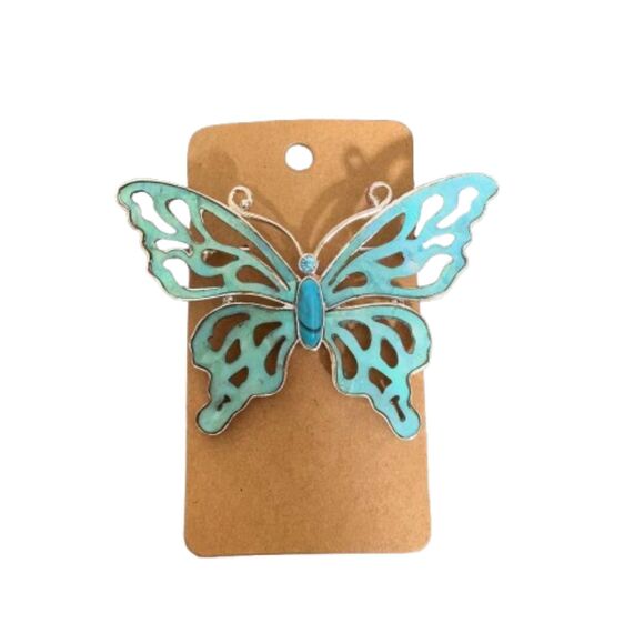 LC Turquoise & Mother of Pearl Large Butterfly Brooch Silver Tone - Picture 1 of 3